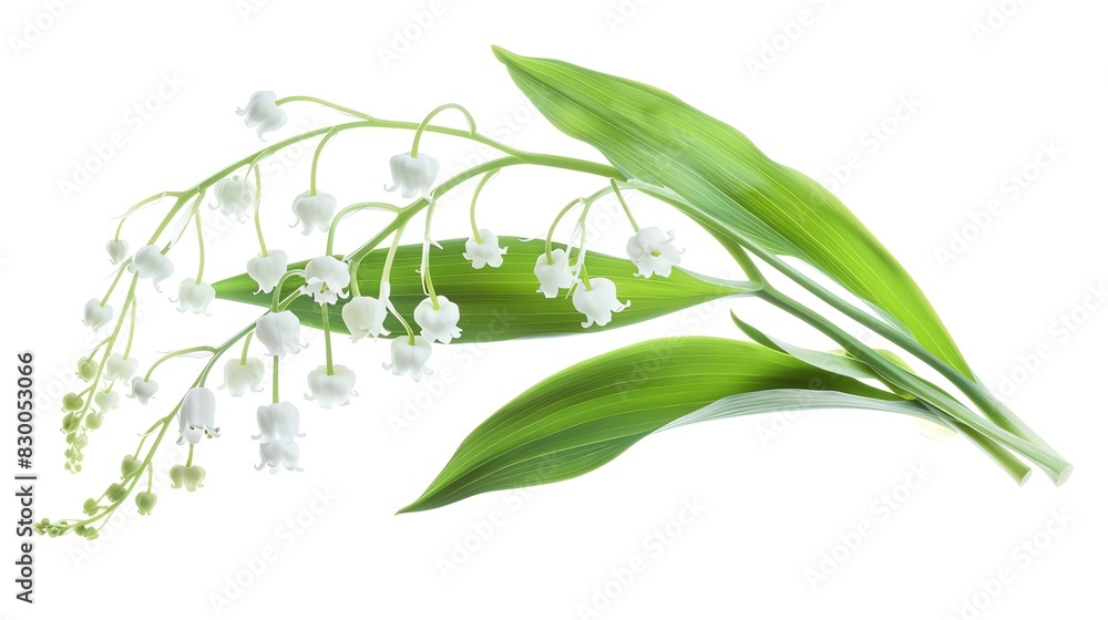 Charming lily of the valley with delicate white bellshaped flowers, floating on air, white background, representing purity and sweetness