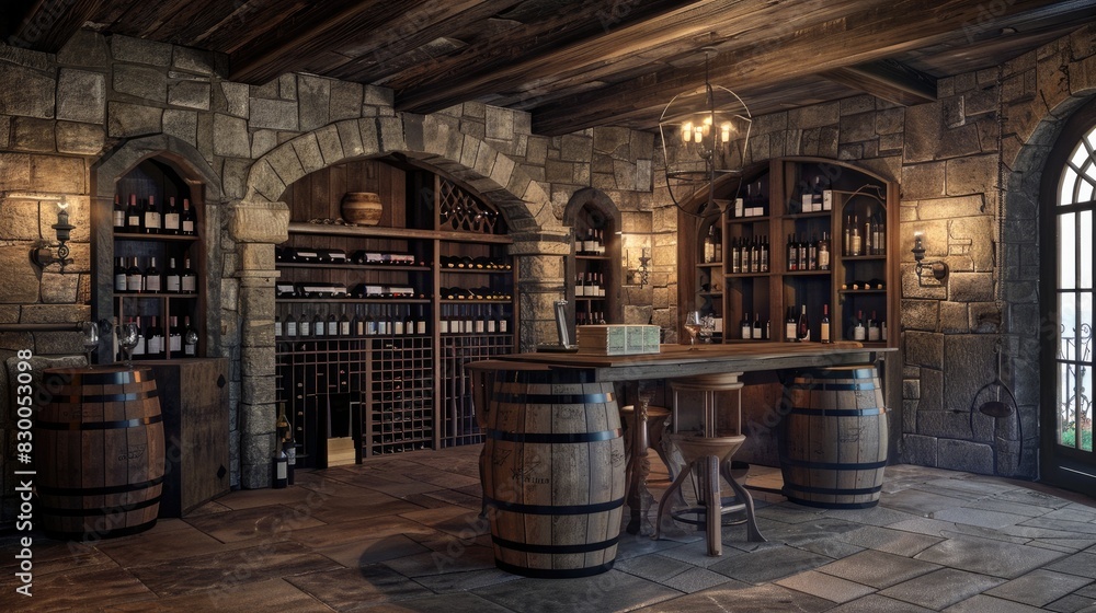 Rustic wine cellar with barels, Wooden style, Generative AI Rustic wine cellar with barels, Wooden style, Generative AI