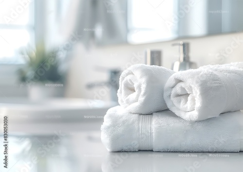 Minimalist white bathroom interior with fluffy towels and soap dispenser on the table over blurred background, space for product montage photo