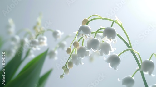 Charming lily of the valley with delicate white bellshaped flowers, floating on air, white background, representing purity and sweetness photo