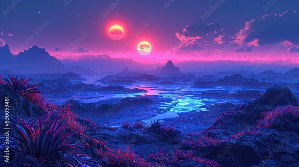 A photo of an alien landscape with glowing vegetation, a sky with two suns and floating islands in the background