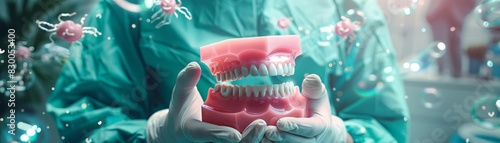 A surreal closeup scene of a dentist in green scrubs and white gloves holding a pink dental model with detailed teeth photo