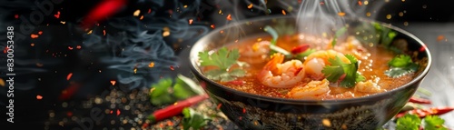 A surreal closeup scene of a steaming bowl of spicy shrimp soup photo
