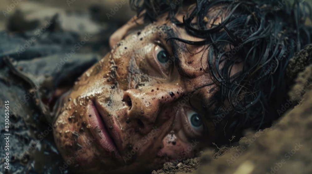 Obraz premium Close up picture of a vow on the ground with an enraged expression and hunger