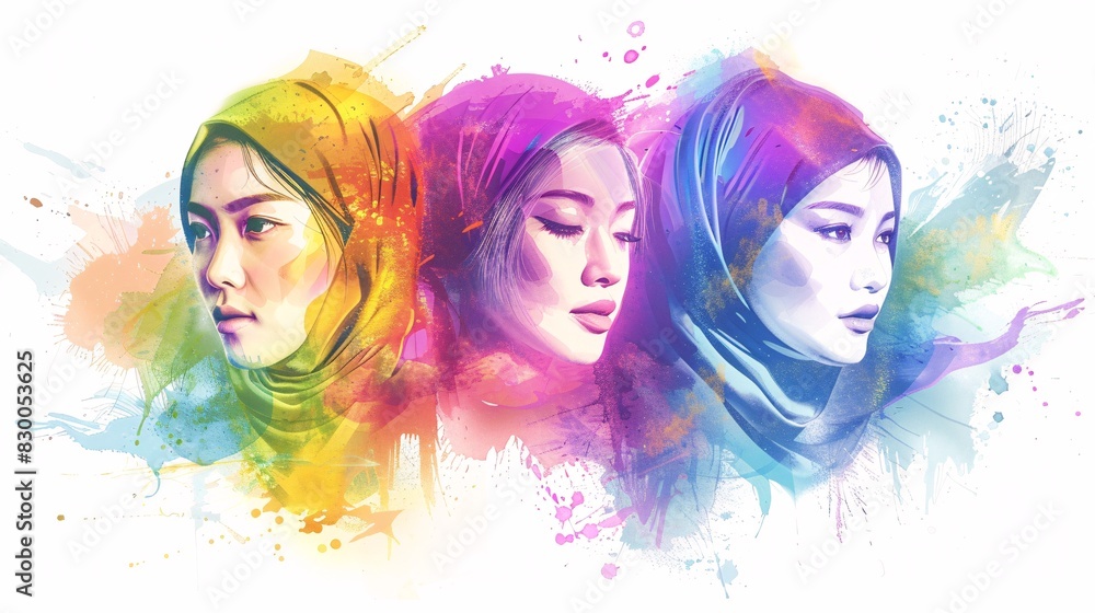Obraz premium Beautiful three Asian women with colorful hair and headscarves, in the watercolor style, on a white background, with colorful splashes of color and soft edges, vibrant illustrations with colorful