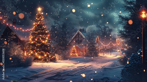Seasonal and Holiday Themes Christmas: An illustration capturing the spirit of Christmas, with decorated trees, festive lights, and a cozy