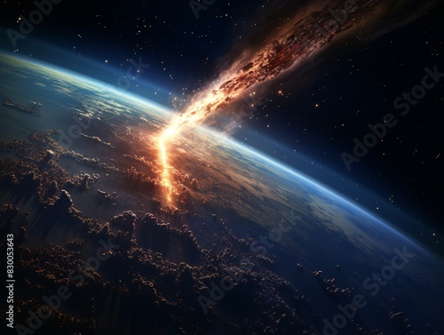 Meteor Impact on Earth Fiery Asteroid Colliding with the Planet