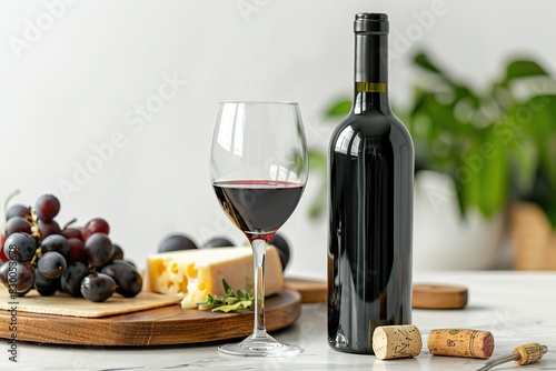 Wine platter isolated on white background. A bottle of red wine with glass of red wine. Cheese board  grapes  snacks. Tasting dish on a wooden plate. Appetizer. Still life. Food background.