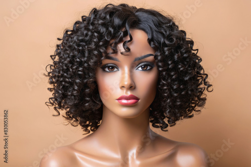 Curly wig on Mannequin. beautiful plastic mulatto girl with makeup photo