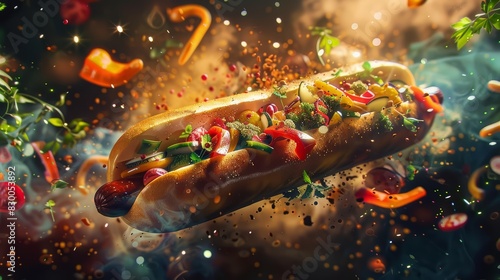 A surreal scene featuring a gourmet hot dog topped with colorful vegetables