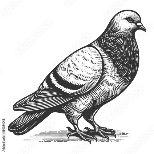 Pigeon dove bird animal sketch engraving generative ai fictional character vector illustration. Scratch board imitation. Black and white image.
