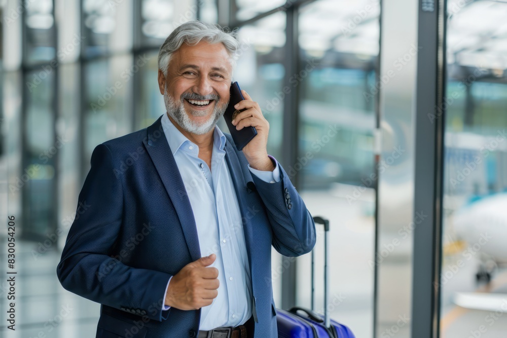 A handsome businessman talking on his cellphone while waiting in the airport lounge; a successful entrepreneur standing with a luggage suitcase. A handsome businessman talking on his cellphone while waiting in the airport lounge; a successful entrepreneur standing with a luggage suitcase.