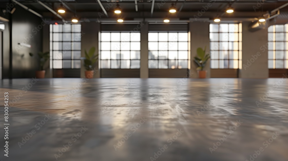 Empty unoccupied office space with blurred background lights, perfect for design projects Empty unoccupied office space with blurred background lights, perfect for design projects