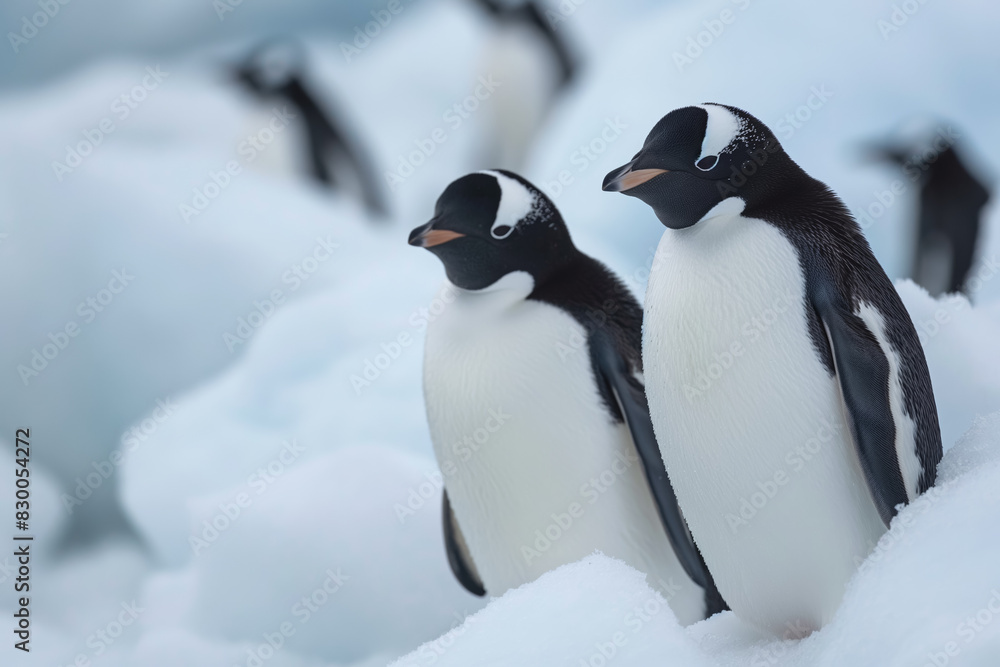 Obraz premium Penguins traverse frozen Antarctic landscape on drifting ice floe highways 