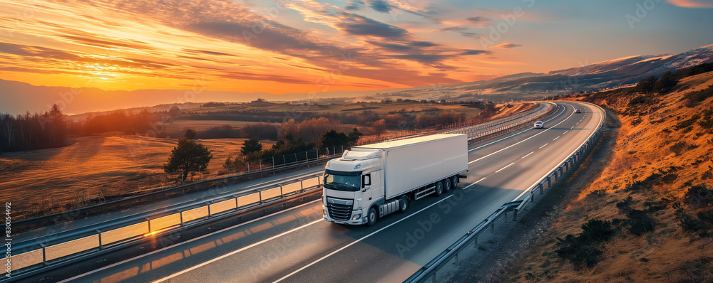 Obraz premium Refrigerated truck on highway, transporting perishables, background with empty space for text 
