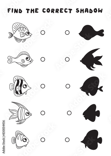 Mini-games for children. find the shadow of the fish, connect the fish with its shadow. simple logic games for preschoolers. black and white image