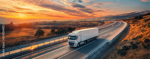 Refrigerated truck on highway, transporting perishables, background with empty space for text  photo