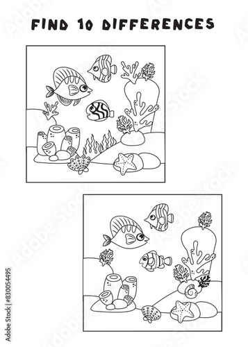 Mini games for children. preschoolers. Find 5 differences. Picture with fish and anemones.Logical tasks for preschoolers. Games 3-4 years. black and white image