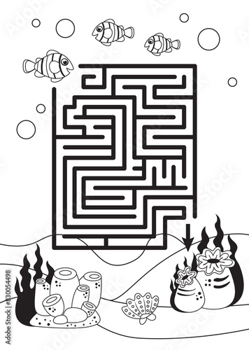 Mini-games for children. preschoolers. maze, help the fish get to the house. Picture with cartoon fish. Games 3-4 years. Mini-games for children. Development of logic in children. black and white imag