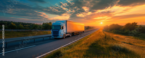 Refrigerated truck transporting perishable goods along highway at sunrise  photo