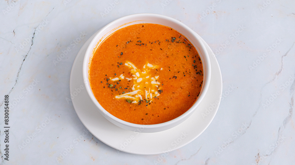 Tomato soup bowl top view isolated Tomato soup bowl top view isolated