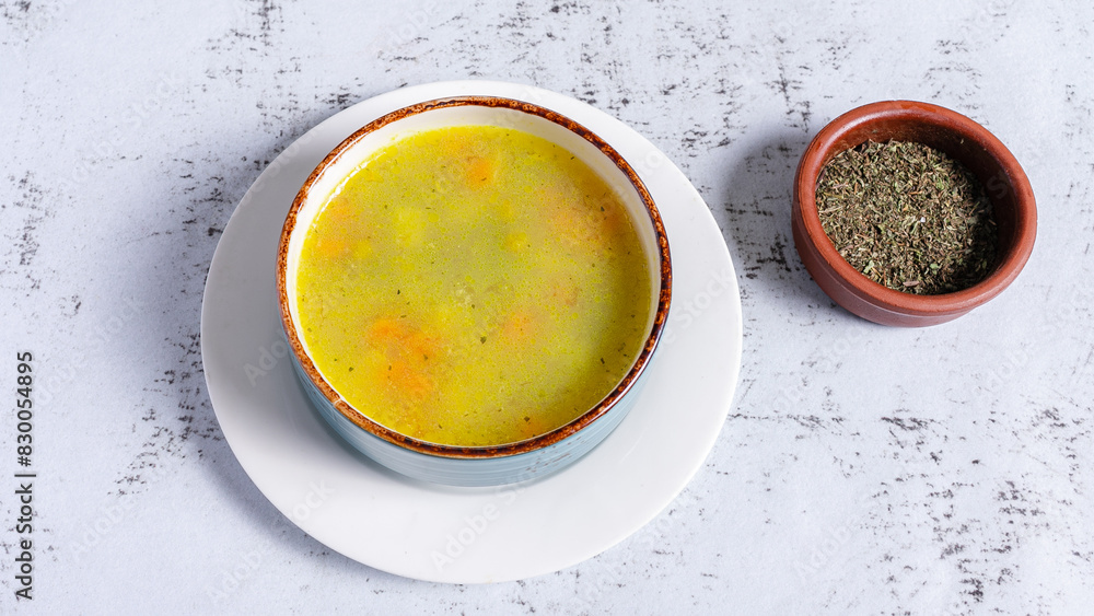 Chicken soup bowl top view isolated Chicken soup bowl top view isolated
