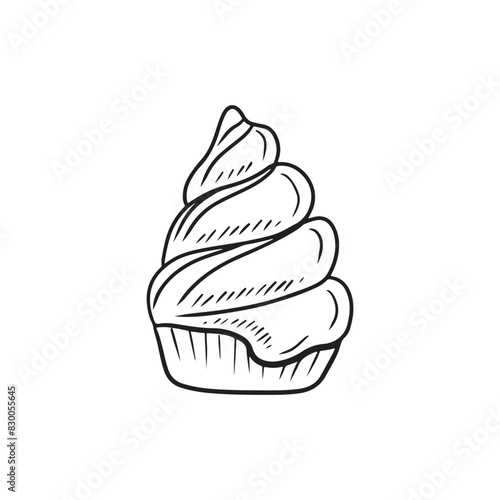 Tasty delicious shortbread basket with cream with chocolate glaze in black isolated on white background. Hand drawn vector sketch illustration in doodle vintage engraved style. Dessert, cafe.