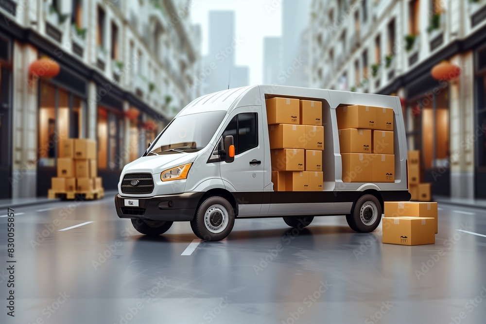 delivery or movers service van with cardboard boxes for fast delivery and logistic shipments concepts with empty mockup copyspace