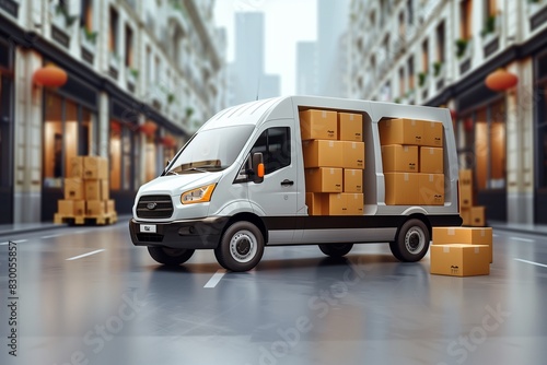 delivery or movers service van with cardboard boxes for fast delivery and logistic shipments concepts with empty mockup copyspace © kenkuza
