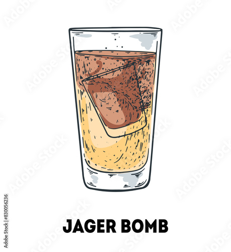 Jager bomb cocktail illustration. Hand drawn sketch. Vector illustration. Isolated object.
