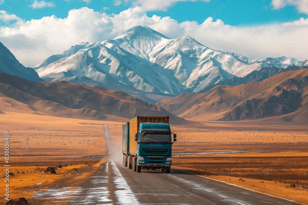 Truck traversing vast landscapes for cross-country cargo delivery Truck traversing vast landscapes for cross-country cargo delivery