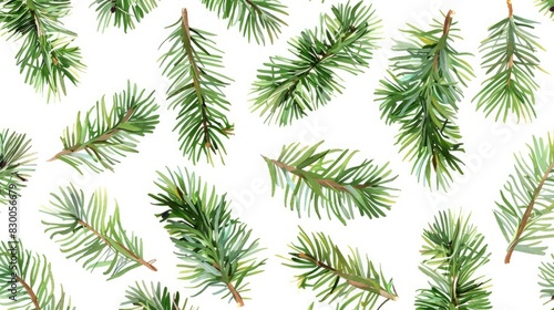 Fir branches seamless pattern on white background Festive design with Christmas tree elements