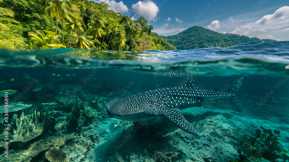 Whale sharks roam in clear waters, split view showcasing lush island rainforest 