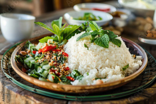 Traditional Laotian Cuisine Featuring Sticky Rice, Laap, and Fresh Herbs on Rustic Wooden Table photo