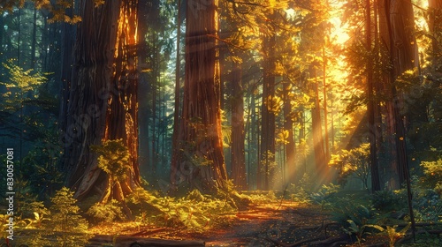 A photo of an ancient forest with towering redwoods, a morning sky with golden sunlight and dew-covered leaves in the background © AliaWindi