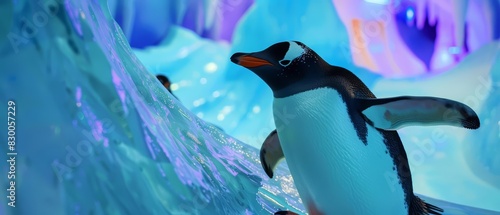 Amazing closeup charismatic of a penguin in a tuxedo, sliding down a holographic ice slide in a futuristic arctic exhibit