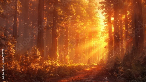 Wallpaper Mural A photo of an ancient forest with towering redwoods, a morning sky with golden sunlight and dew-covered leaves in the background Torontodigital.ca