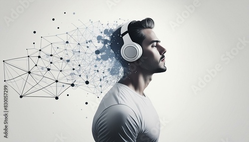 Man wearing headphones. Illustration of an abstract expression of hie thoughts. photo