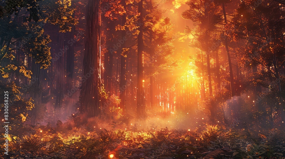 A photo of an ancient forest with towering redwoods, a morning sky with golden sunlight and dew-covered leaves in the background A photo of an ancient forest with towering redwoods, a morning sky with golden sunlight and dew-covered leaves in the background