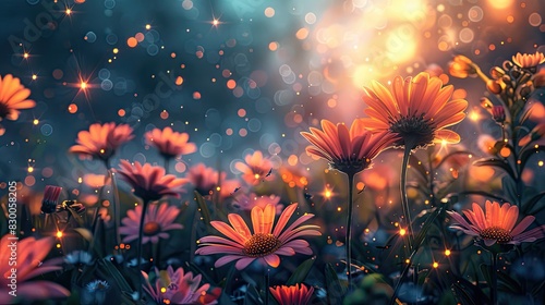 A photo of an enchanted meadow with giant flowers, a dawn sky with fireflies and magical sparkles in the background © AliaWindi