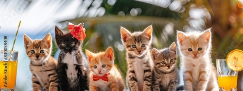 Several kittens, puppies in suits gather together on vacation in Maldives in summer to celebrate summer party, lifestyle, summer drinks, Oktoberfest, cocktails, lemonade, travel, concept of multicultu