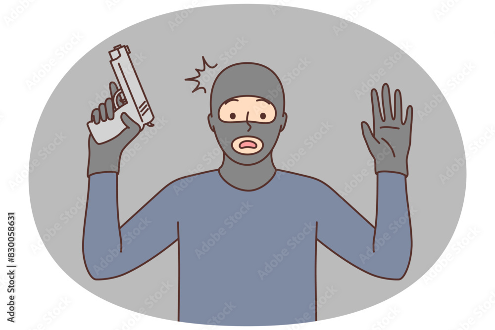 Male robber with gun raise hands up Male robber with gun raise hands up