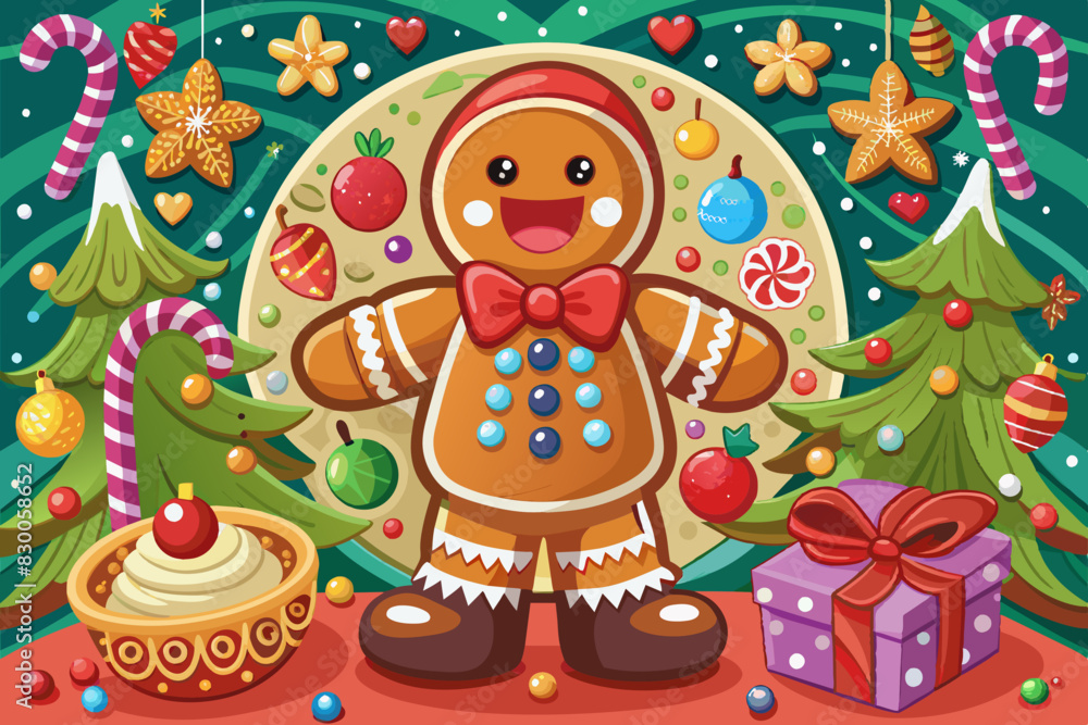 Fototapeta premium Festive gingerbread man in front of decorated Christmas tree. Colorful gingerbread character with holiday tree and gifts. Gingerbread cookie celebrating Christmas with festive background.
