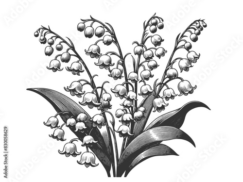 Lily of the Valley bouquet, showcasing detailed engraving of this delicate spring flower sketch engraving generative ai vector illustration. Scratch board imitation. Black and white image.