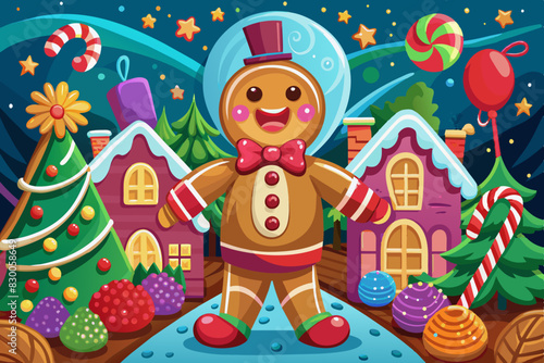 Gingerbread man with winter village and Christmas tree background. Joyful holiday scene with gingerbread character and festive decor. Cartoon gingerbread man celebrating Christmas in snowy village.