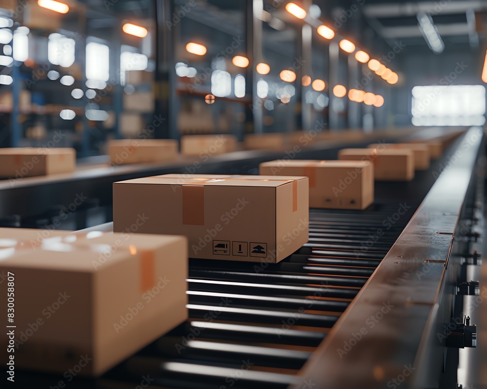 Closeup of multiple cardboard boxes seamlessly moving along a conveyor belt in a warehouse Closeup of multiple cardboard boxes seamlessly moving along a conveyor belt in a warehouse