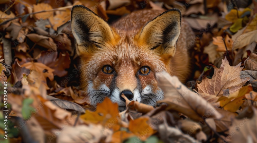 A fox is peeking out from behind some leaves A fox is peeking out from behind some leaves