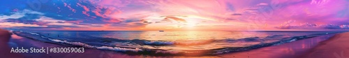 A vibrant sunset over a tropical beach, with colorful skies and the sun casting long shadows on the sand. The ocean waves create a soothing background sound for a perfect vacation.
