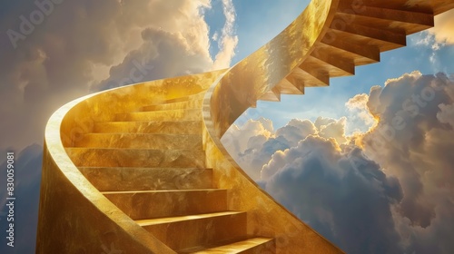 A golden staircase spiraling upwards into the clouds, representing ambition and limitless possibilities photo