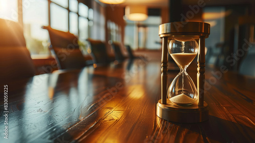 A vintage hourglass on a conference table, its sand slowly trickling down, signifying time constraints photo